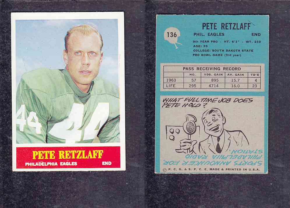 1965 NFL PHILADELPHIA FOOTBALL CARD #136 P. RETZLAFF photo