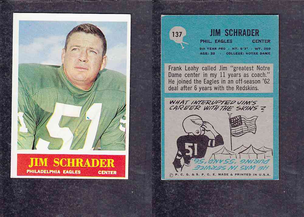 1965 NFL PHILADELPHIA FOOTBALL CARD #137 J. SCHRADER photo
