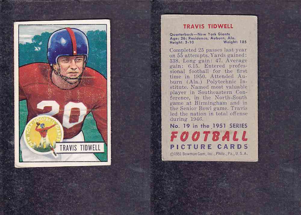 1951 NFL BOWMAN FOOTBALL CARD #19 T. TIDWELL photo