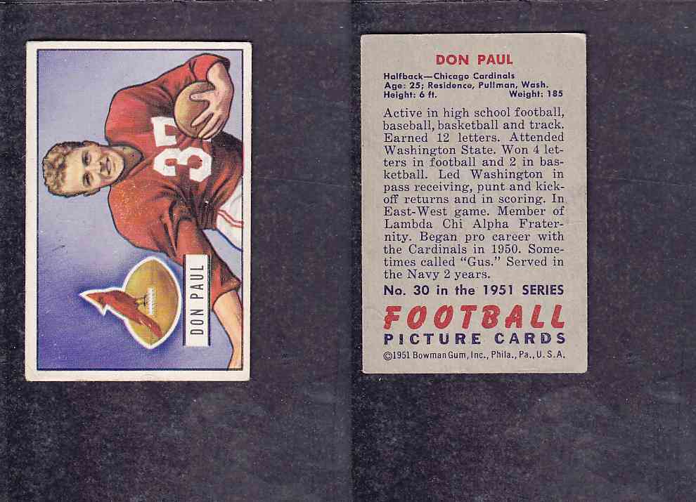 1951 NFL BOWMAN FOOTBALL CARD #30 D. PAUL photo