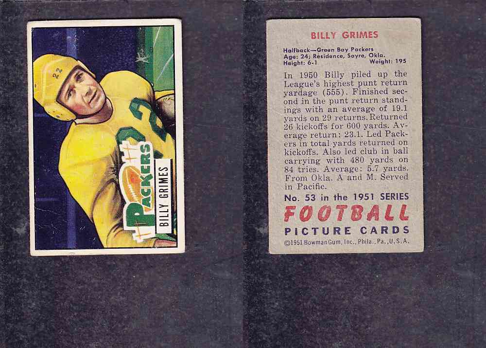 1951 NFL BOWMAN FOOTBALL CARD #53 B. GRIMES photo