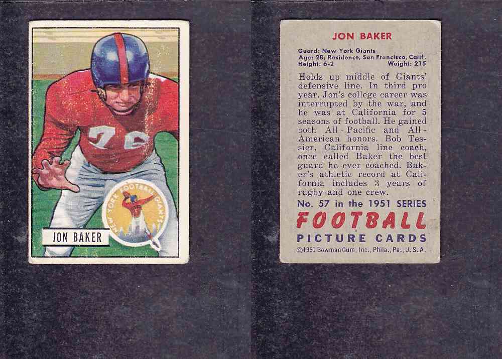 1951 NFL BOWMAN FOOTBALL CARD #57 J. BAKER photo