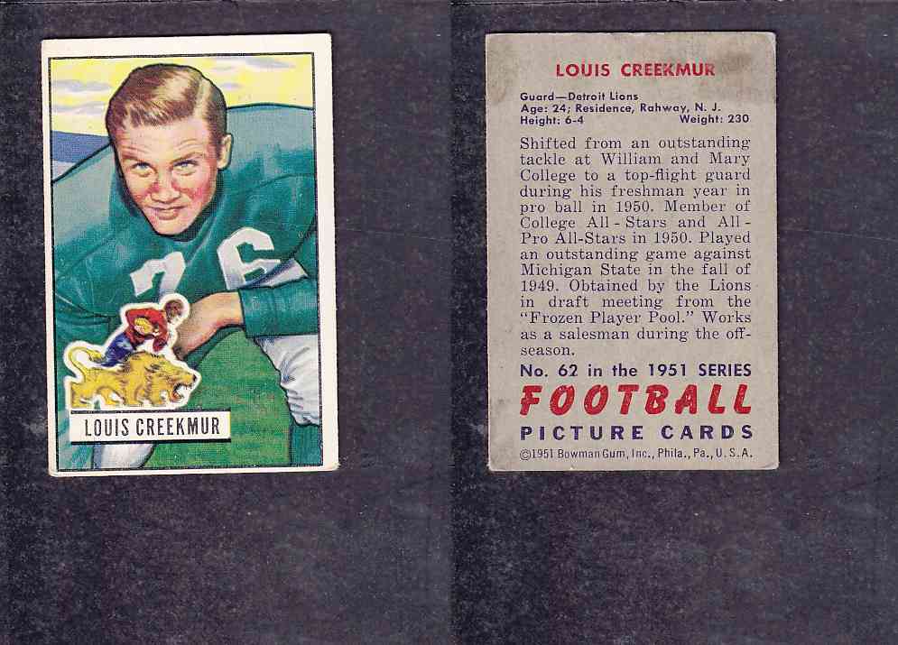1951 NFL BOWMAN FOOTBALL CARD #62 L. CREEKMUR photo