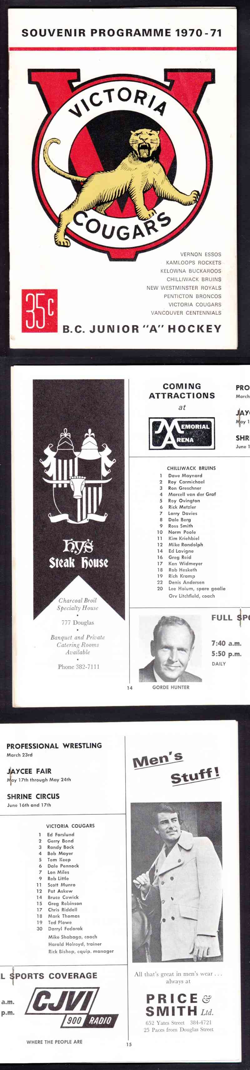 1970-71 VICTORIA COUGARS VS CHILLIWACK BRUINS PROGRAM photo