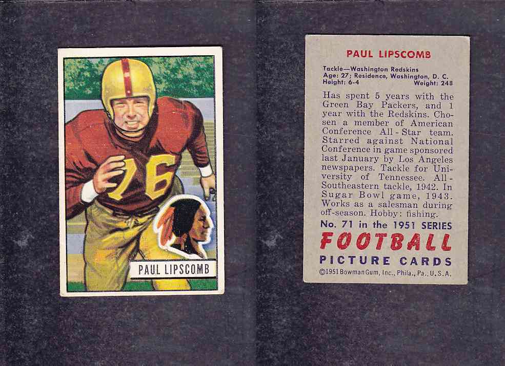 1951 NFL BOWMAN FOOTBALL CARD #71 P. LIPSCOMB photo