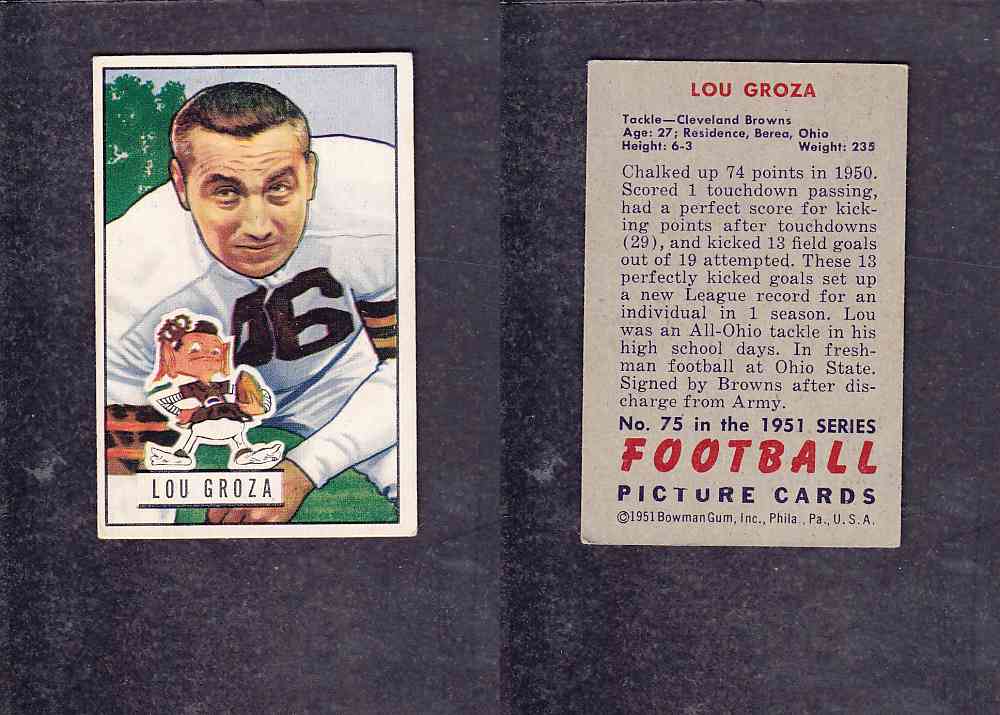 1951 NFL BOWMAN FOOTBALL CARD #75 L. GROZA photo