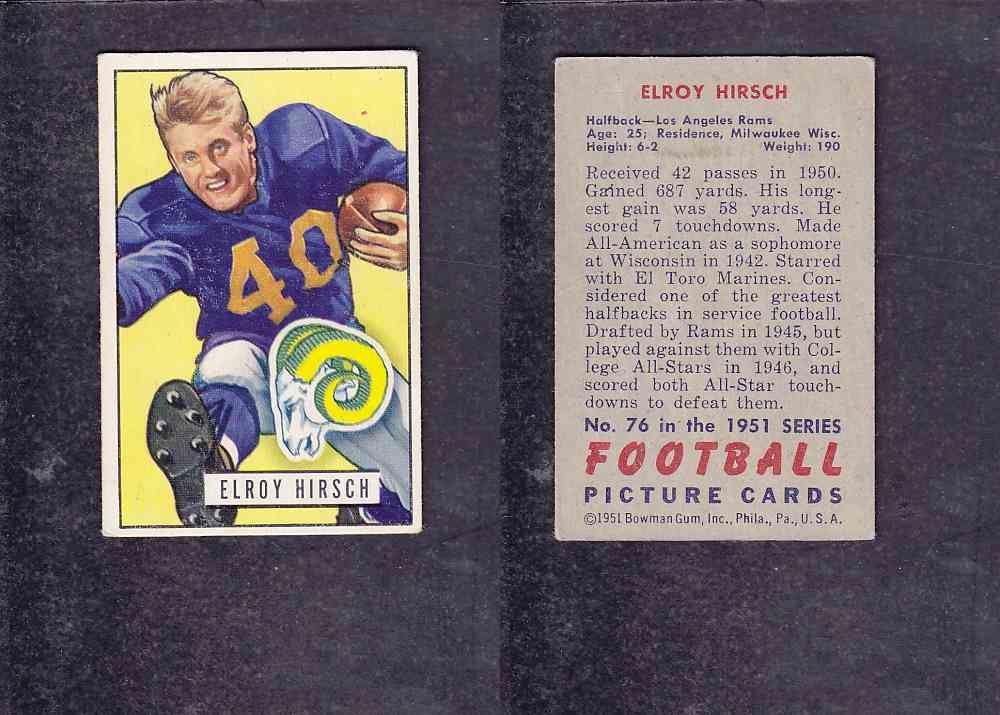 1951 NFL BOWMAN FOOTBALL CARD #76 E. HIRSCH photo