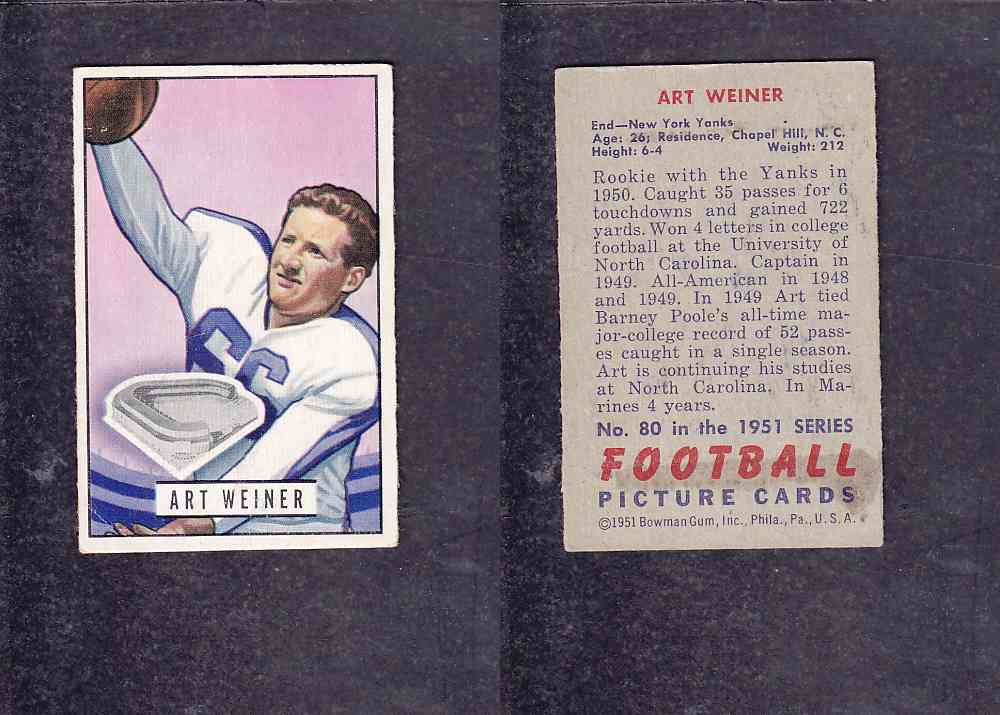 1951 NFL BOWMAN FOOTBALL CARD #80 A. WEINER photo