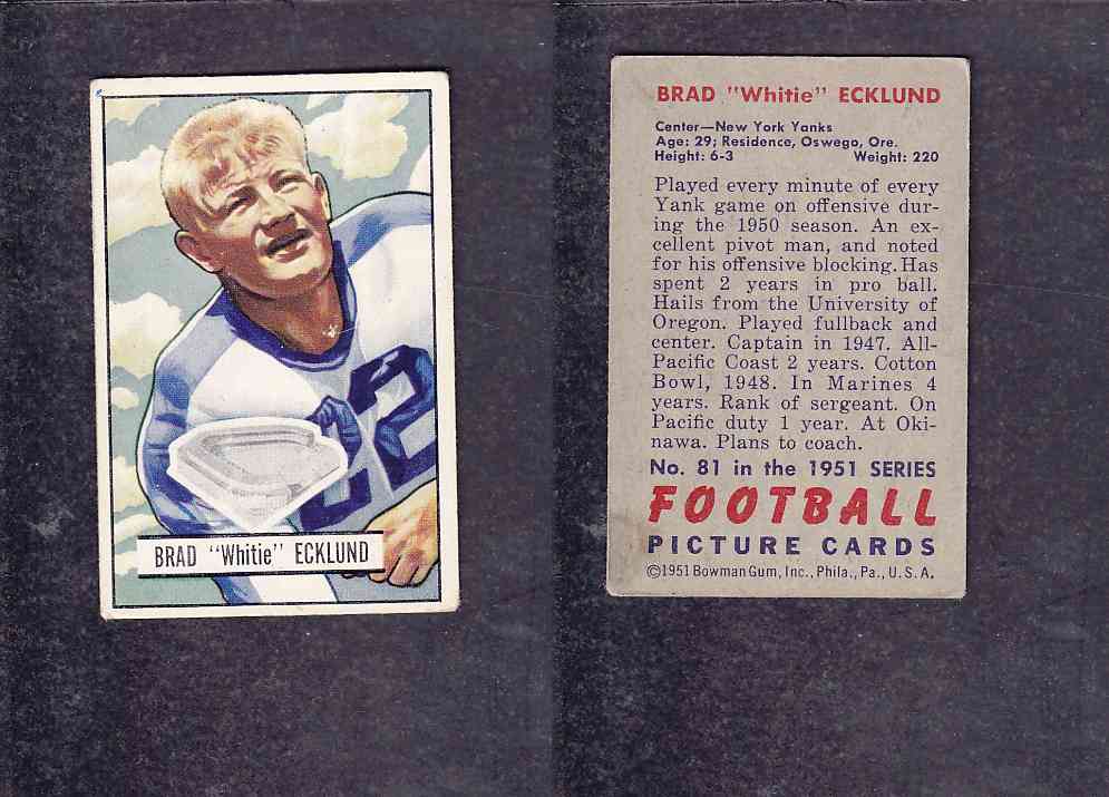1951 NFL BOWMAN FOOTBALL CARD #81 B. ECKLUND photo