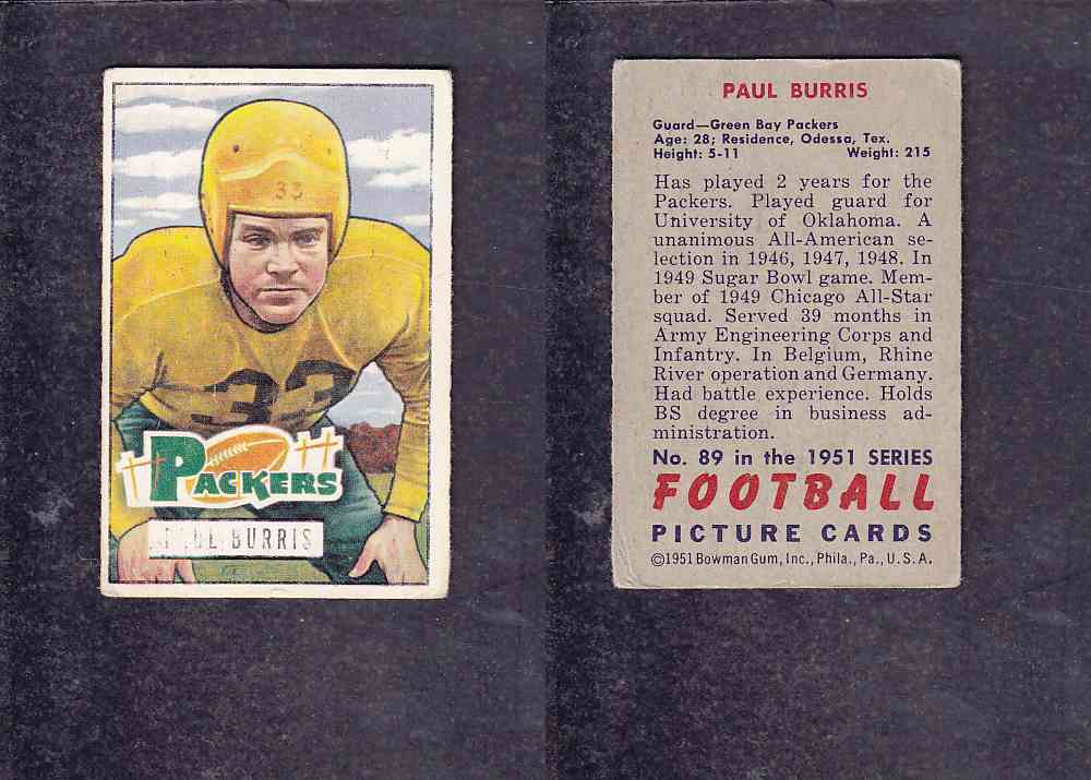 1951 NFL BOWMAN FOOTBALL CARD #89 P. BURRIS photo