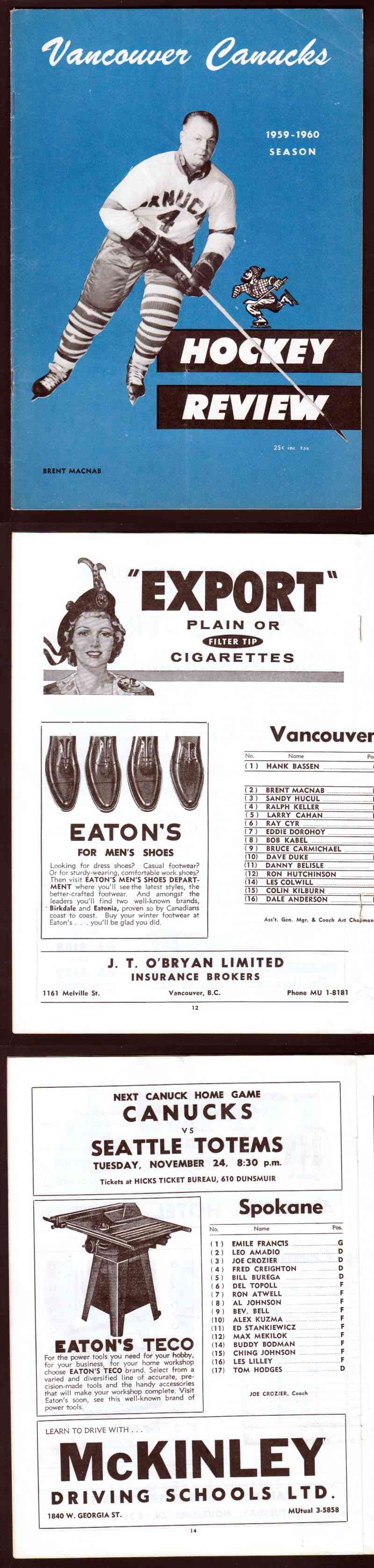 1959-60 VANCOUVER CANUCKS VS SPOKANE COMETS PROGRAM photo
