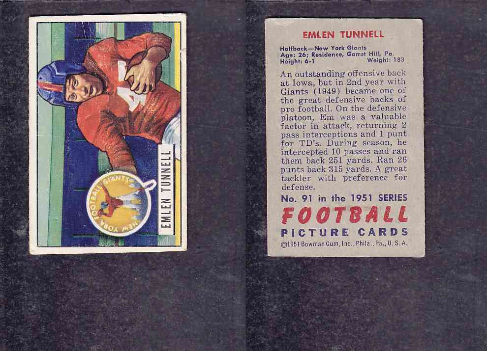1951 NFL BOWMAN FOOTBALL CARD #91 E. TUNNELL photo