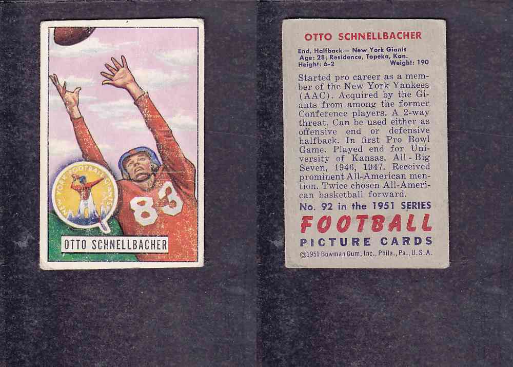 1951 NFL BOWMAN FOOTBALL CARD #92 O. SCHNELLBACHER photo