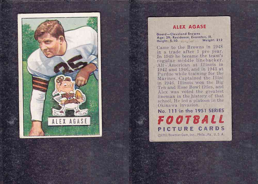 1951 NFL BOWMAN FOOTBALL CARD #111 A. AGASE photo