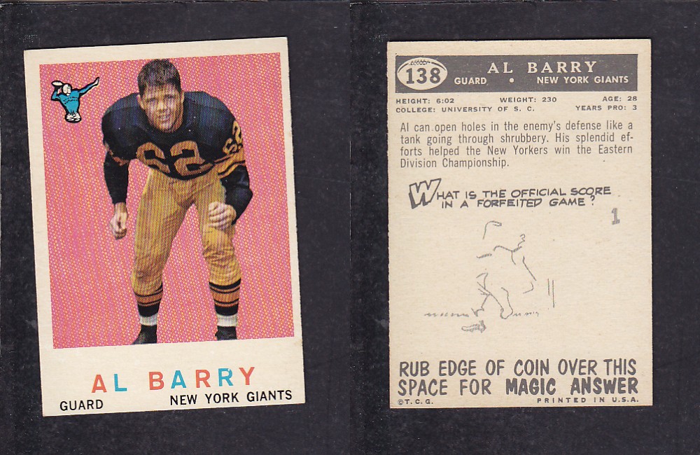 1959 NFL TOPPS FOOTBALL CARD #138 A. BARRY photo