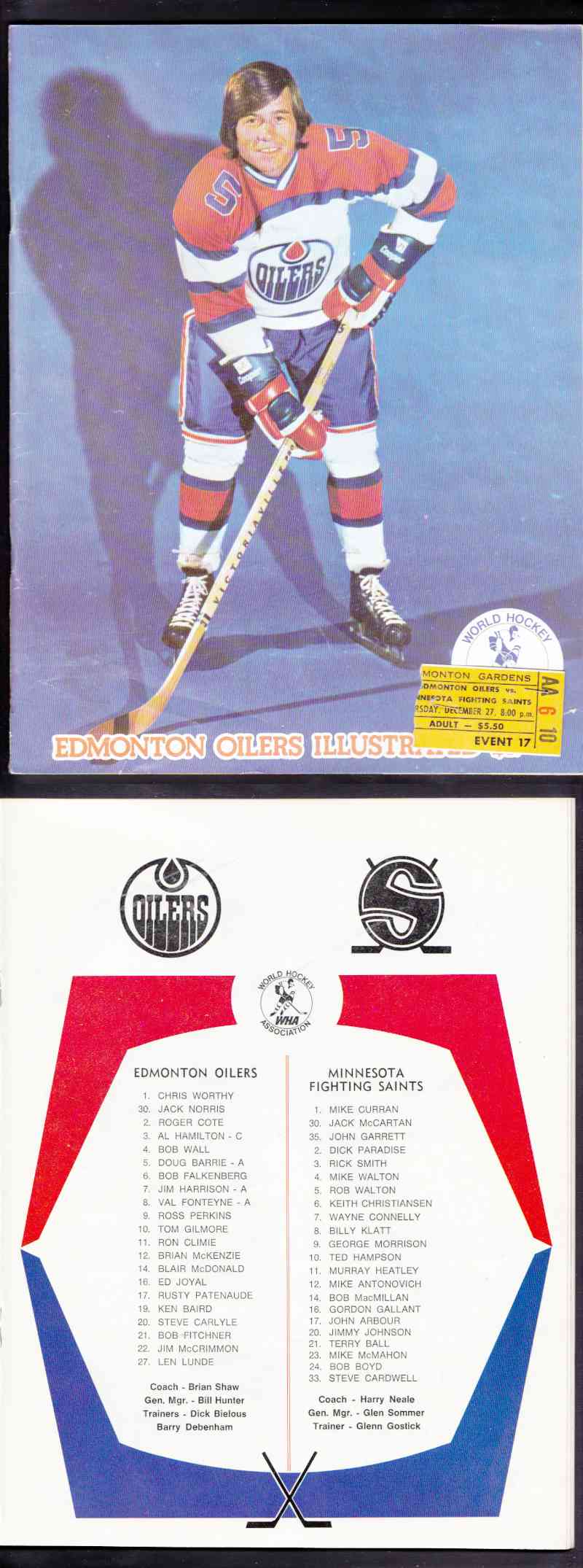 1973 WHA EDMONTON OILERS VS MINNESOTA SAINTS PROGRAM &TICKET STUB photo