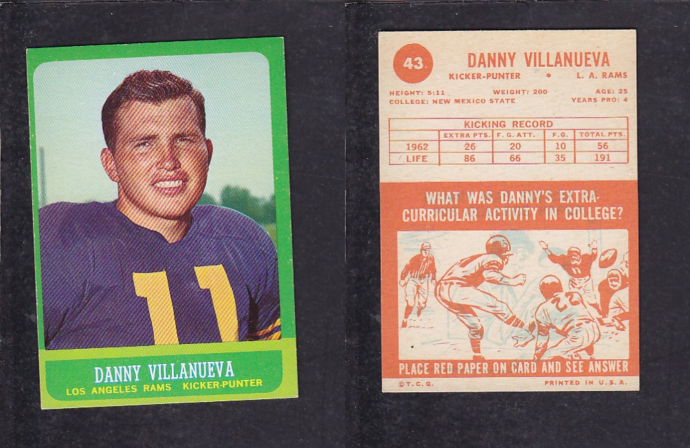 1963 NFL TOPPS FOOTBALL CARD #43 D. VILLANUEVA photo