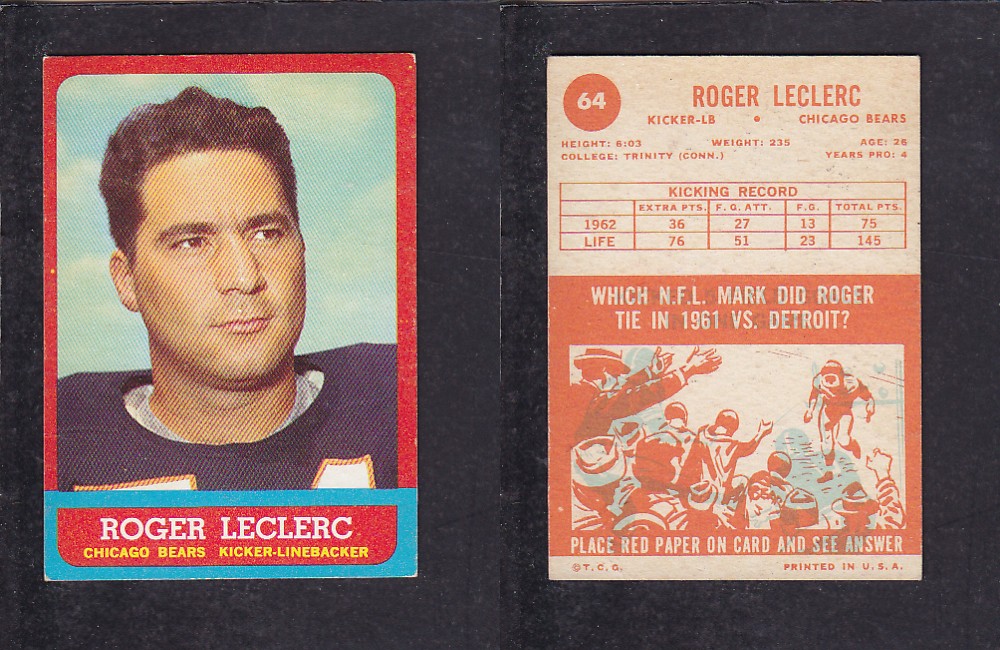 1963 NFL TOPPS FOOTBALL CARD #64 R. LECLERC photo