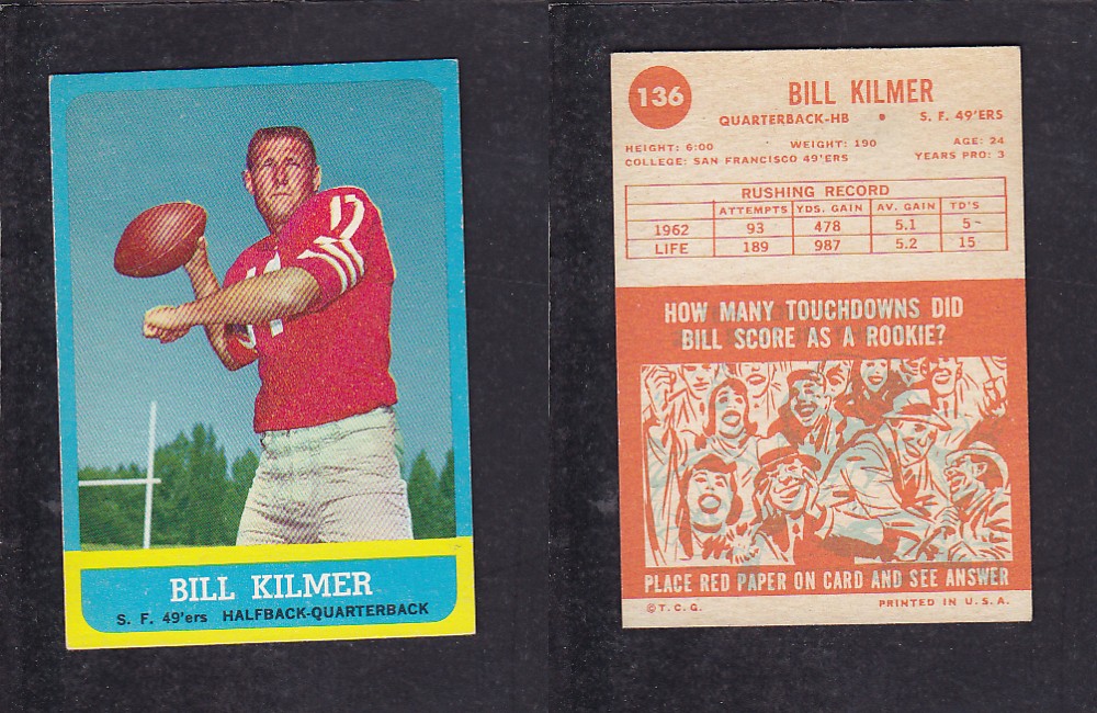 1963 NFL TOPPS FOOTBALL CARD #136 B. KILMER photo