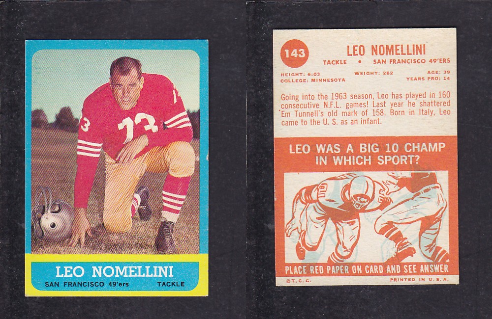 1963 NFL TOPPS FOOTBALL CARD #143 L. NOMELLINI photo