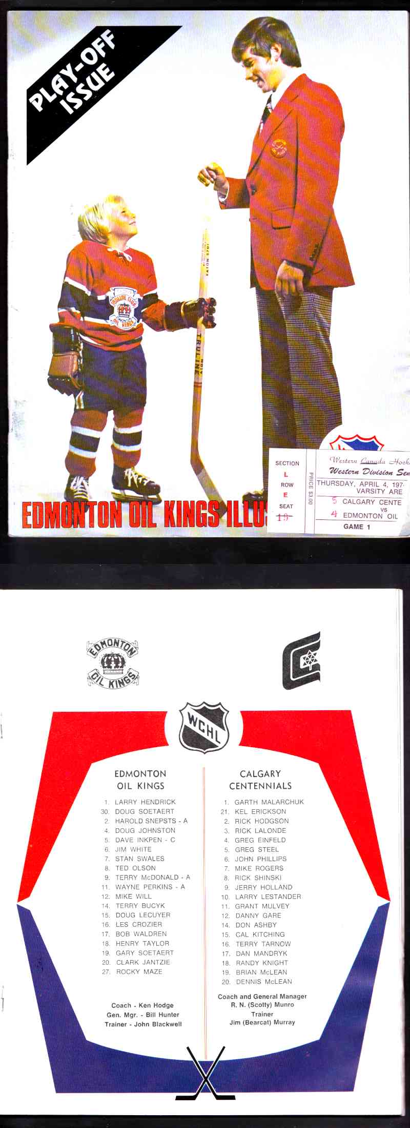 1973 WHA EDMONTON OIL KINGS VS CALGARY CENTENIALS PROGRAM & TICKET STUB photo