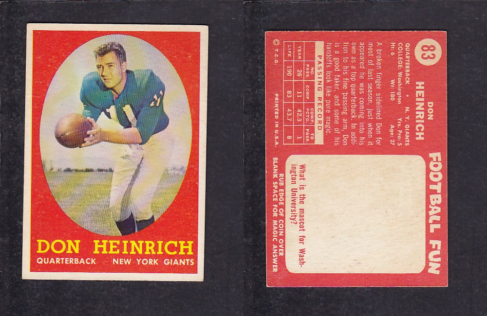 1958 NFL TOPPS FOOTBALL CARD #83 D. HEINRICH photo