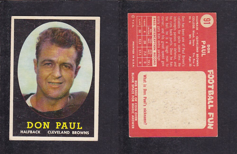 1958 NFL TOPPS FOOTBALL CARD #91 D. PAUL photo