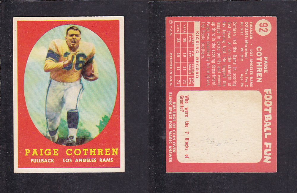 1958 NFL TOPPS FOOTBALL CARD #92 P. COTHREN photo