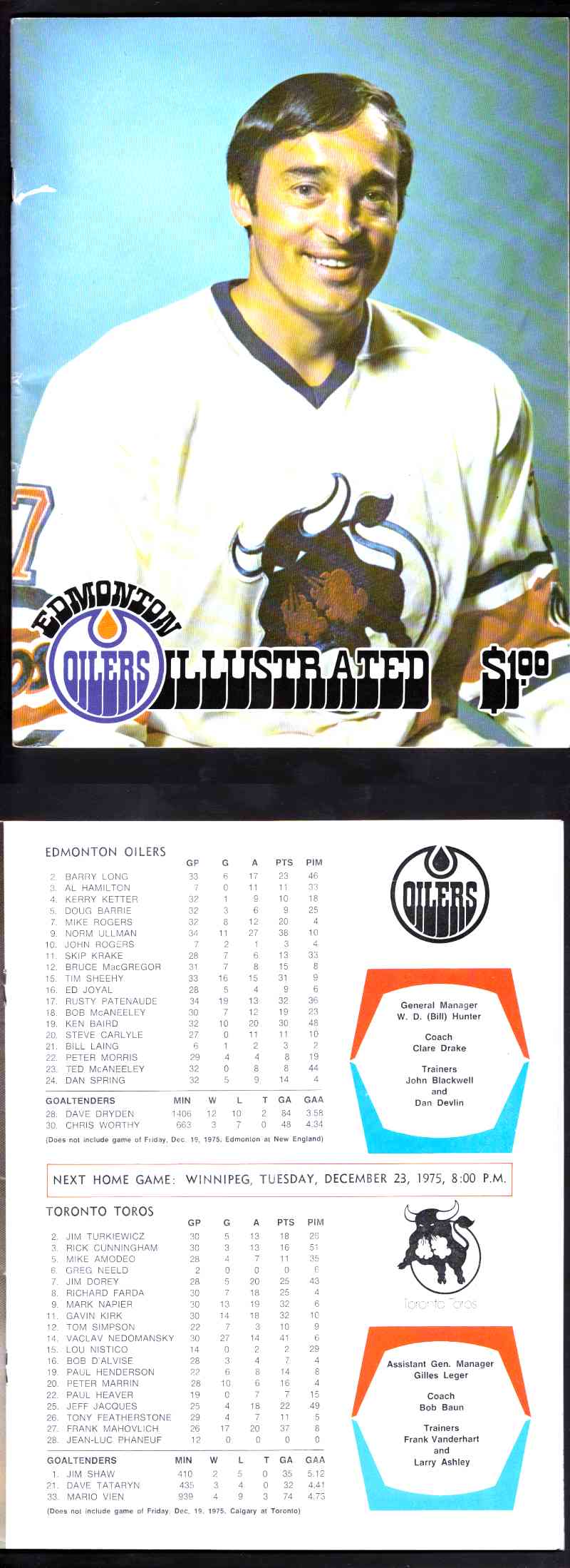 1975 WHA EDMONTON OILERS VS TORONTO TOROS PROGRAM photo