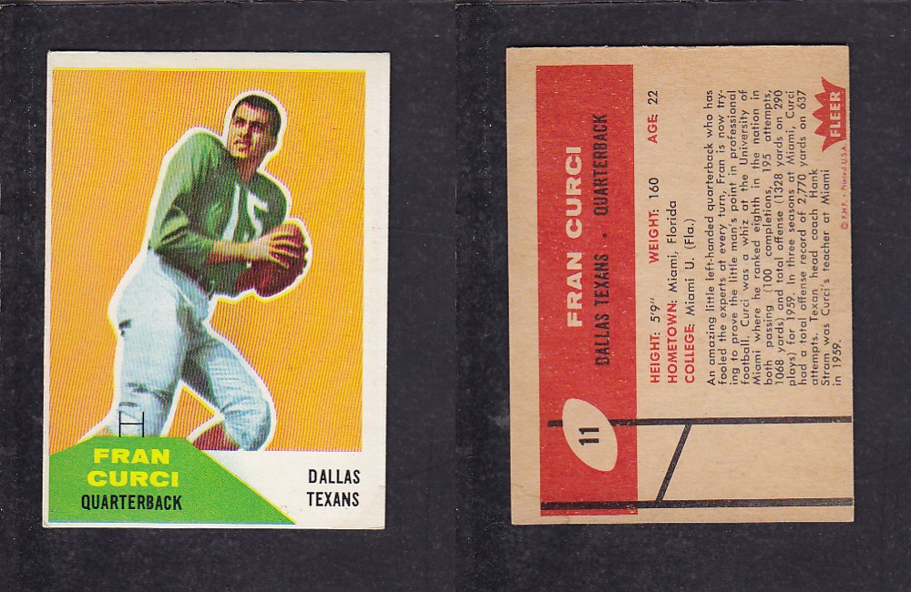 1960 NFL FLEER FOOTBALL CARD #11 F. CURCI photo