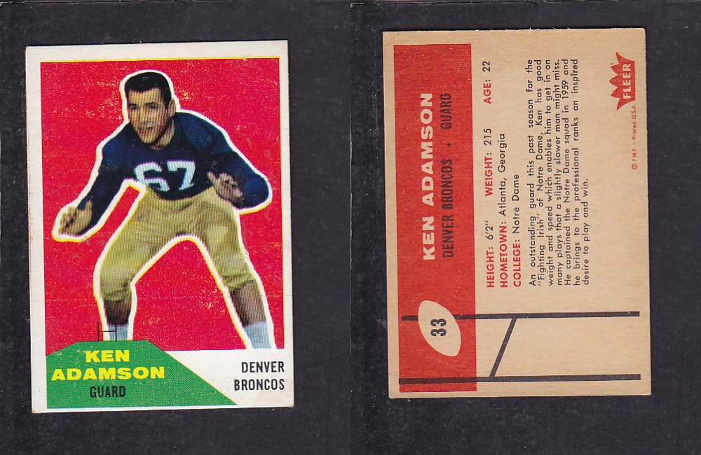 1960 NFL FLEER FOOTBALL CARD #33 K. ADAMSON photo