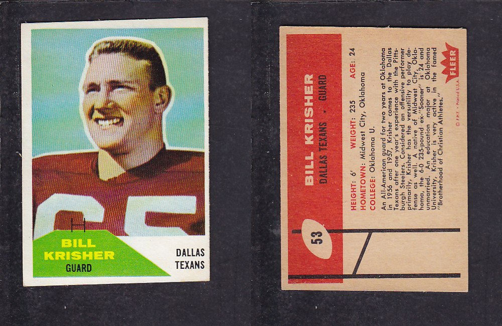 1960 NFL FLEER FOOTBALL CARD #53 B. KRISHER photo