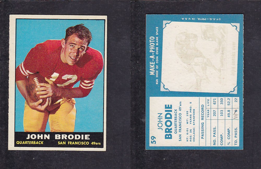 1961 NFL TOPPS FOOTBALL CARD #59 J. BRODIE photo