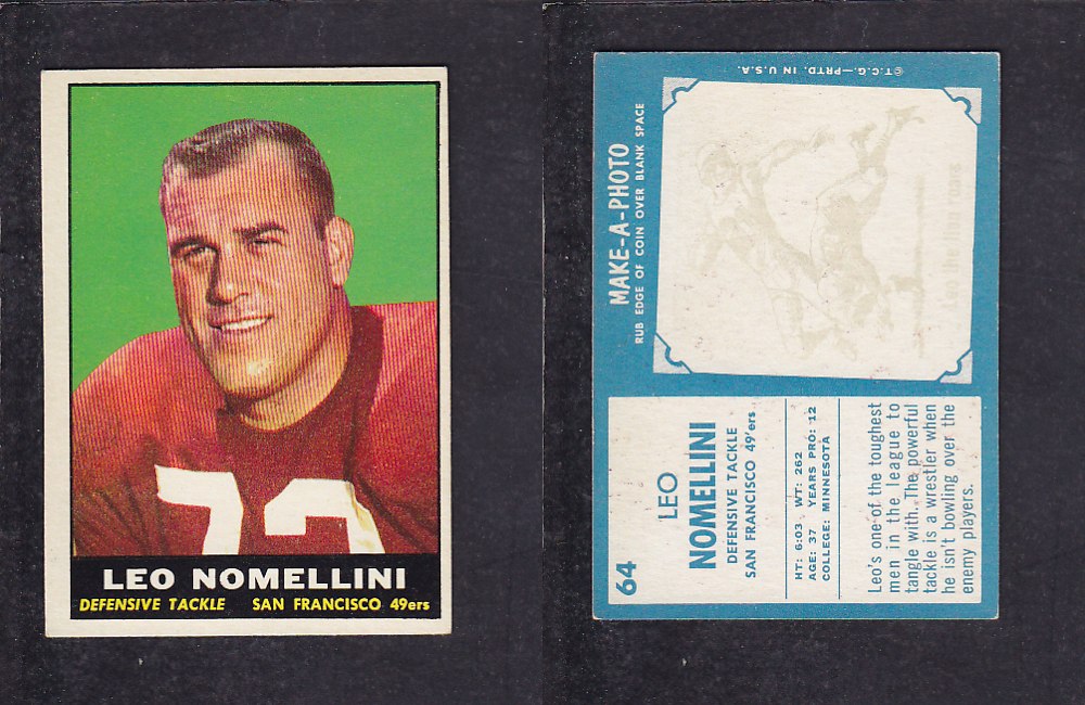 1961 NFL TOPPS FOOTBALL CARD #64 L. NOMELLINI photo