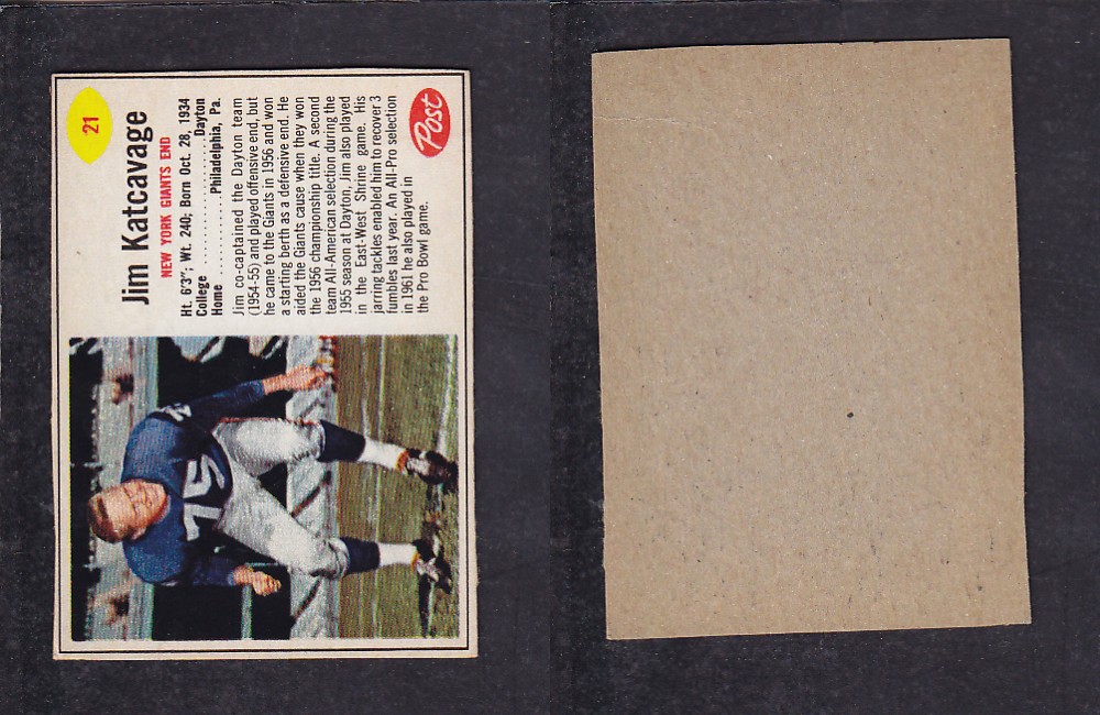 1962 NFL POST FOOTBALL CARD #21 J. KATCAVAGE photo