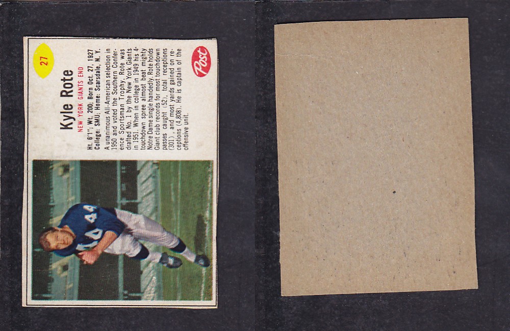 1962 NFL POST FOOTBALL CARD #27 K. ROTE photo