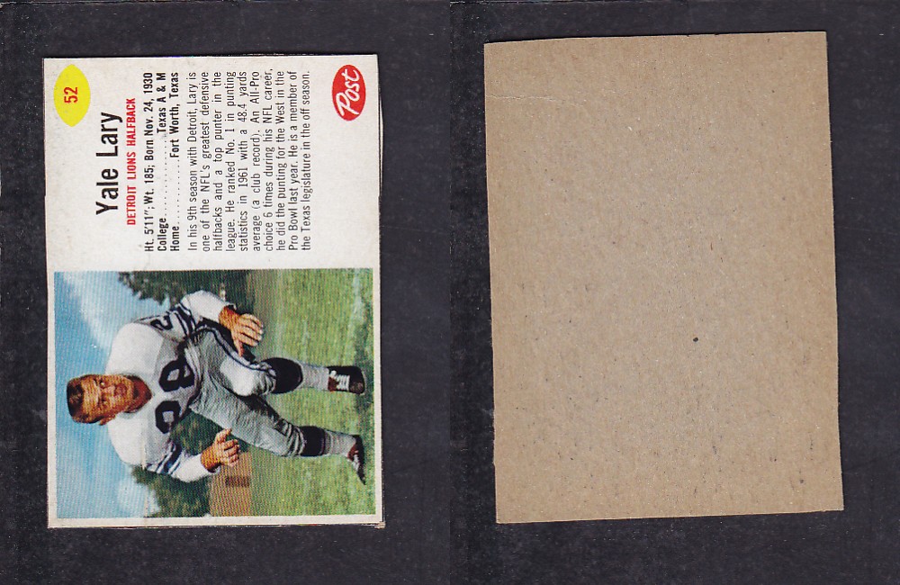 1962 NFL POST FOOTBALL CARD #52 Y. LARY photo