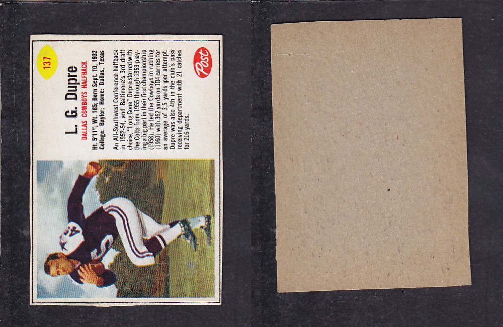 1962 NFL POST FOOTBALL CARD #137 L. DUPRE photo
