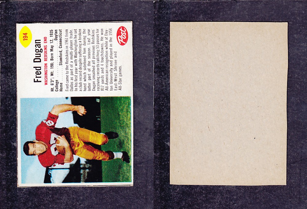 1962 NFL POST FOOTBALL CARD #194 F. DUGAN photo