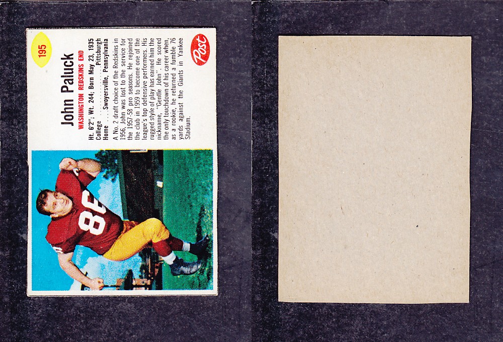 1962 NFL POST FOOTBALL CARD #195 J. PALUCK photo