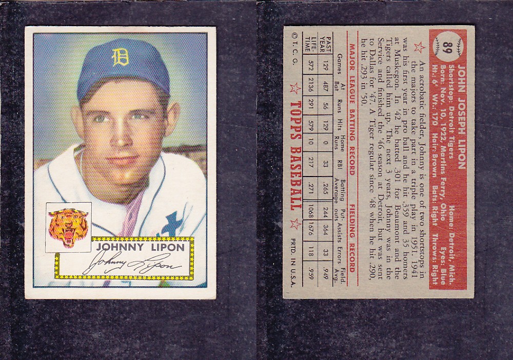 1952 TOPPS BASEBALL CARD #89 J. LIPON photo