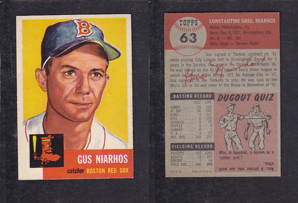 1953 TOPPS BASEBALL CARD #63 C. NIARHOS photo