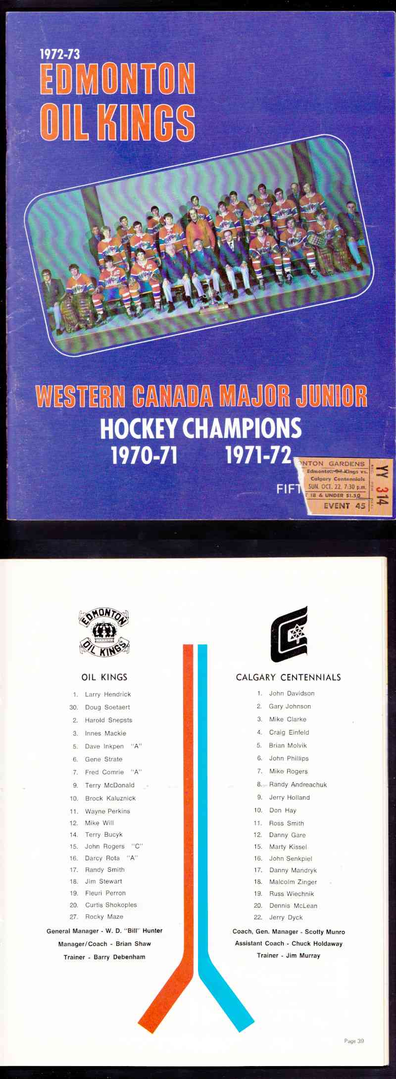 1972-73 EDMONTON OIL KINGS VS CALGARY CENTENNIALS PROGRAM & TICKET STUB photo