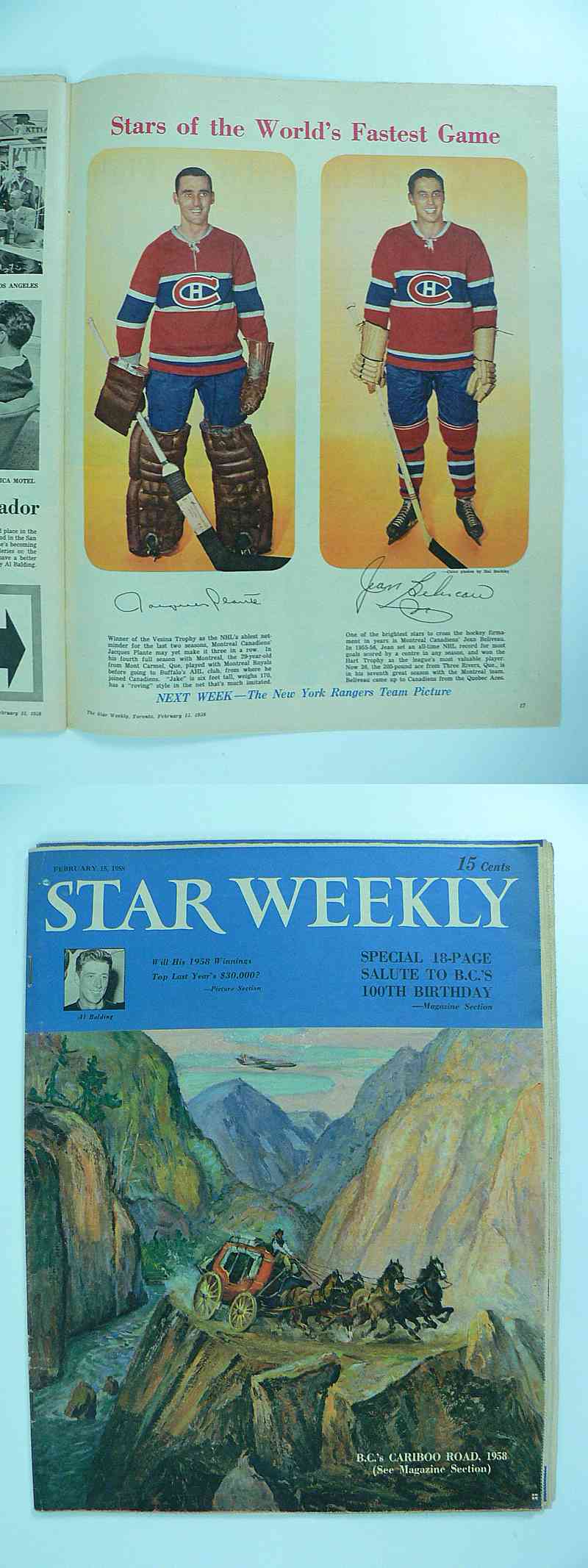 1957-58 TORONTO STAR FULL MAGAZINE PLANTE/BELIVEAU POSTER photo