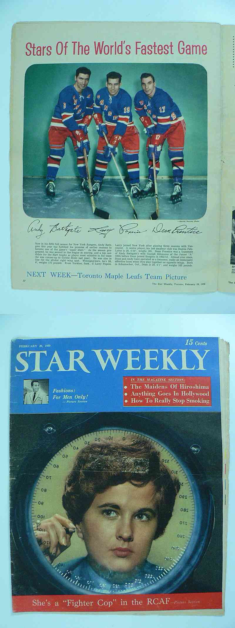 1958-59 TORONTO STAR FULL MAGAZINE BATHGATE/POPEIN/PRENTICE POSTER photo