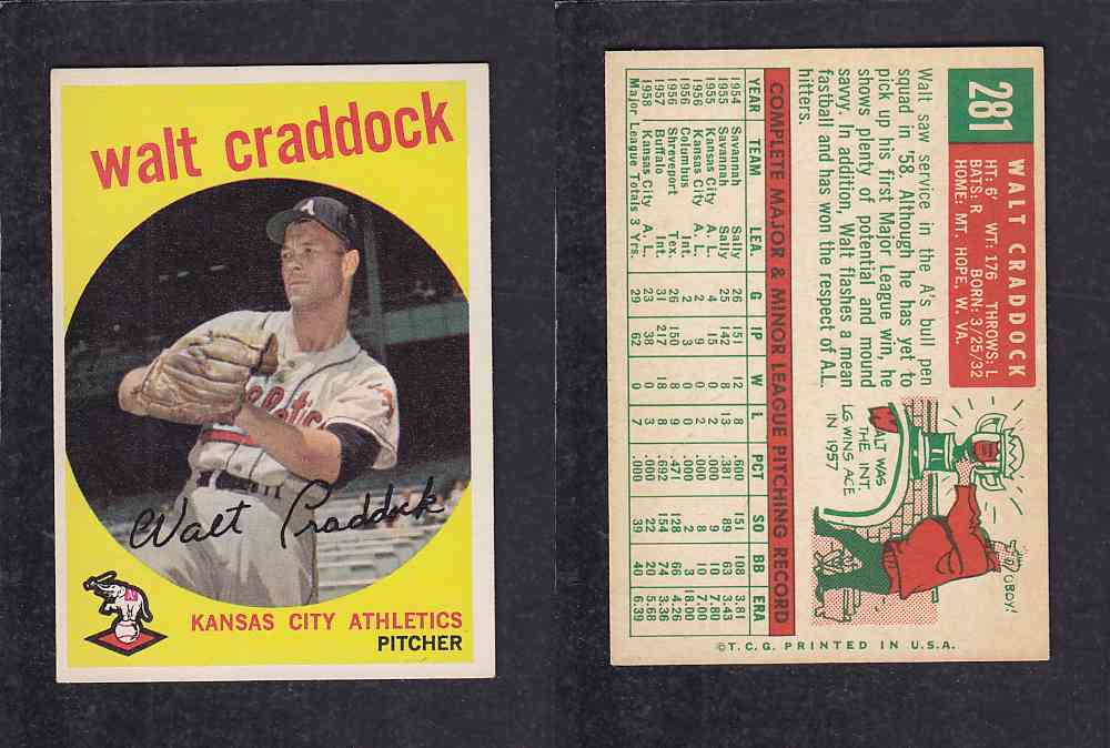 1959 TOPPS BASEBALL CARD #281  W. CRADDOCK photo