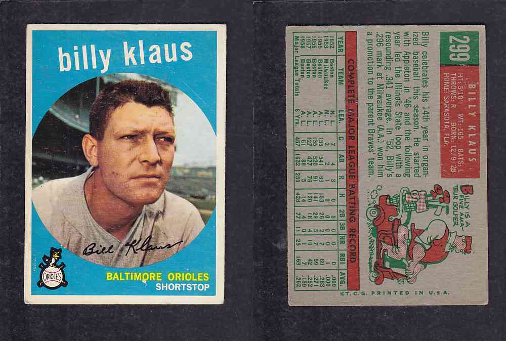 1959 TOPPS BASEBALL CARD #299   B. KLAUS photo