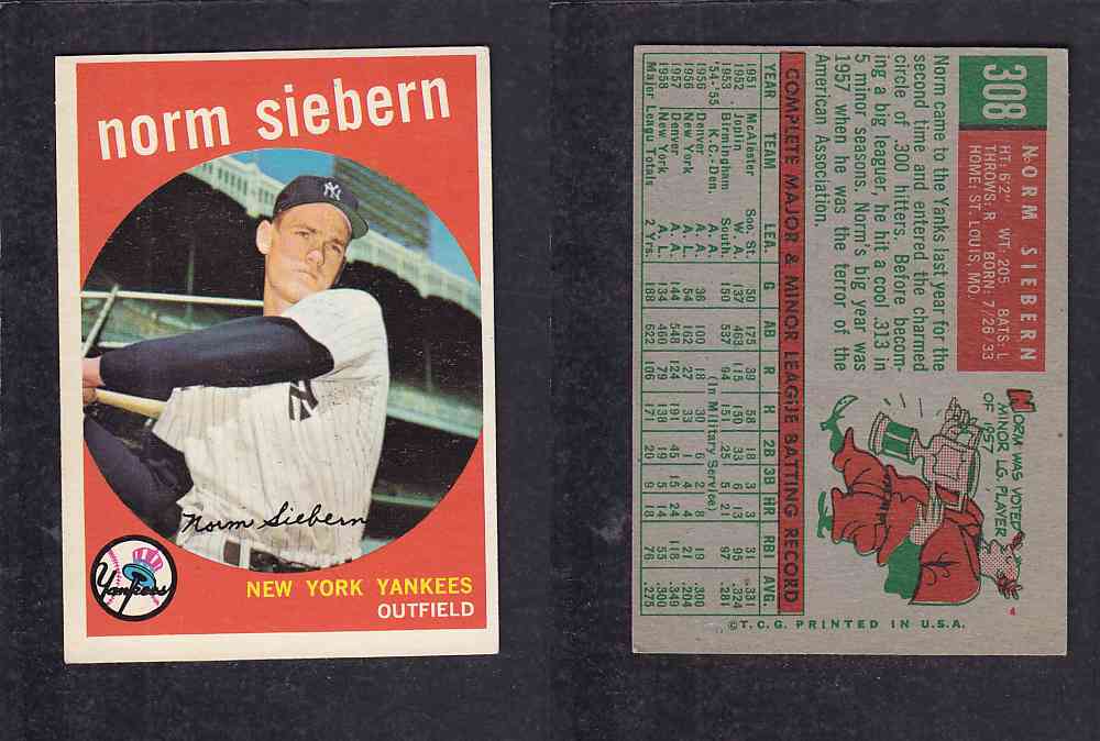 1959 TOPPS BASEBALL CARD #308   N. SIEBERN photo