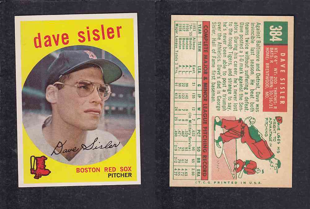 1959 TOPPS BASEBALL CARD #384   D. SISLER photo