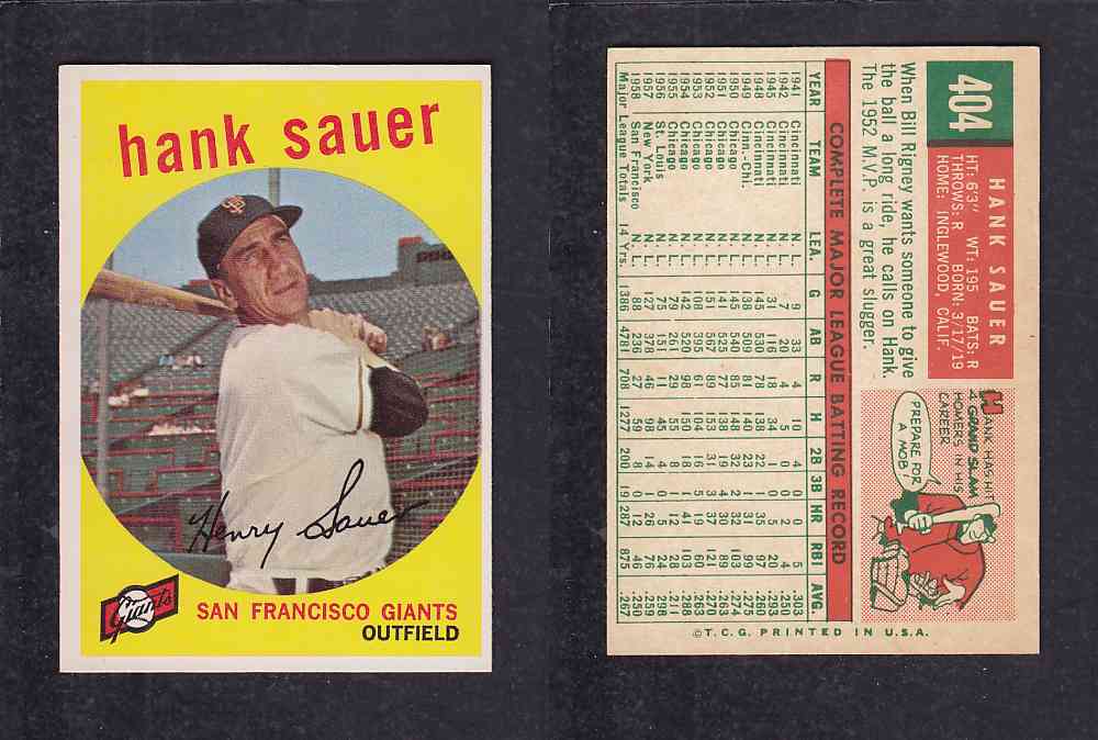 1959 TOPPS BASEBALL CARD #404   H. SAUER photo